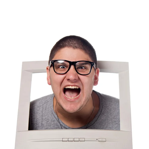 Kopf kommt aus einem Computerbildschirm — Stockfoto