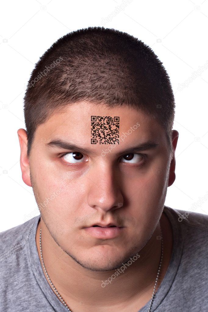 Young Man with a QR Code On His Forehead