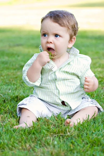 Baby frisst Gras — Stockfoto