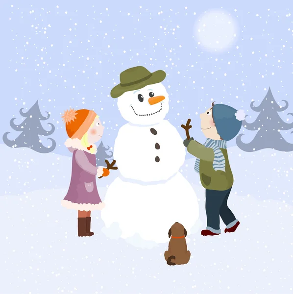 Niños y muñeco de nieve — Vector de stock