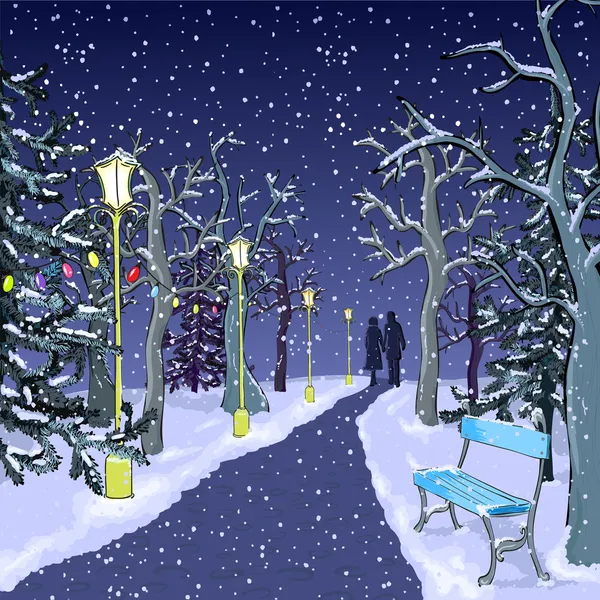 Park zimą w nocy — Wektor stockowy