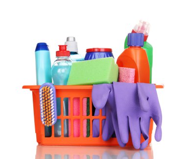 Cleaning items in plastic basket isolated on white clipart