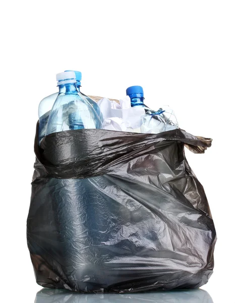 Open black garbage bag with trash isolated on white — Stock Photo, Image