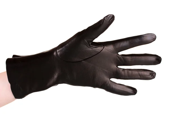Ręka kobiety w czarnych skórzanych rękawic na białym tle — Zdjęcie stockowe