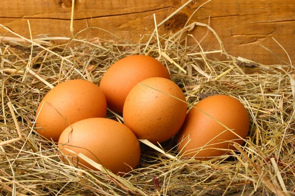 Ovos de galinha em um ninho no fundo de madeira — Fotografia de Stock