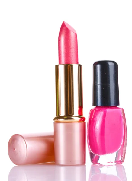 Lápiz labial rosa y esmalte de uñas aislados en blanco —  Fotos de Stock