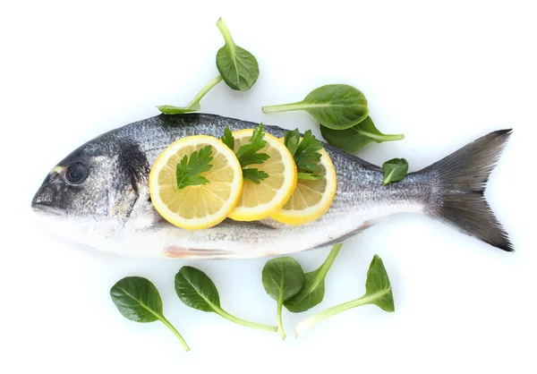 Fresh fish with lemon and parsley isolated on white — Stock Photo, Image