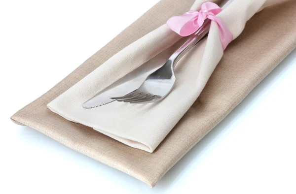 Tenedor y cuchillo en servilleta aislada en blanco —  Fotos de Stock