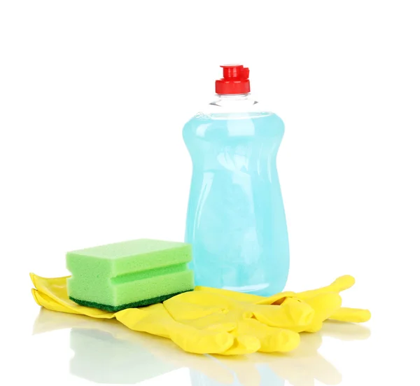 Afwasmiddel met handschoenen en spons geïsoleerd op wit — Stockfoto