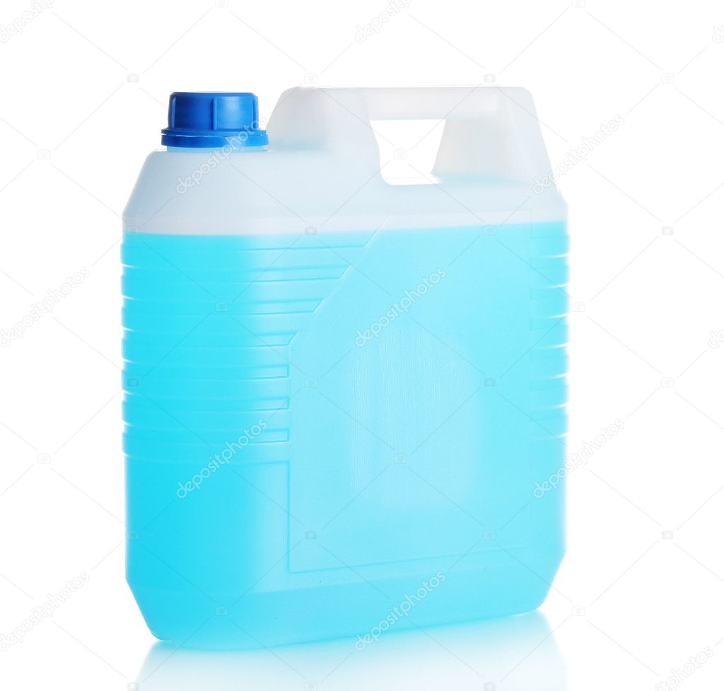 Blue liquid in the canister isolated on white
