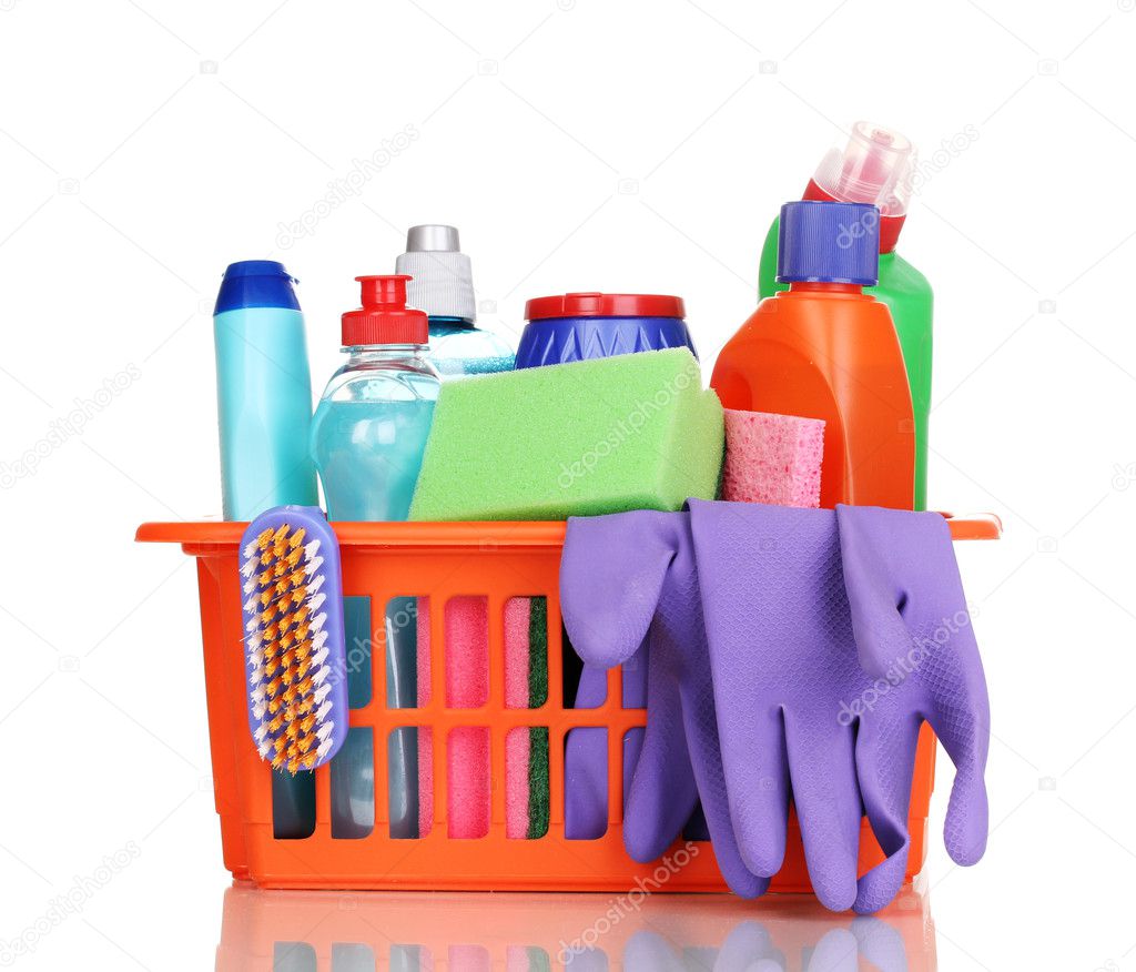 Cleaning items in plastic basket isolated on white
