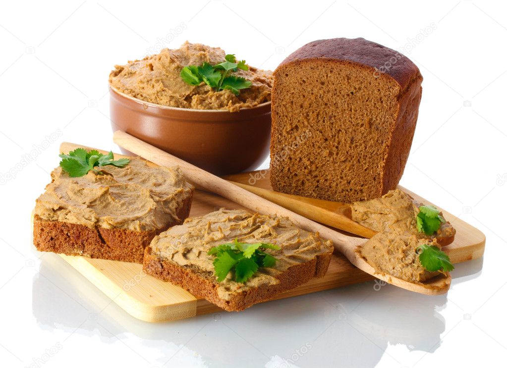 Fresh pate with bread on wooden board isolated on white