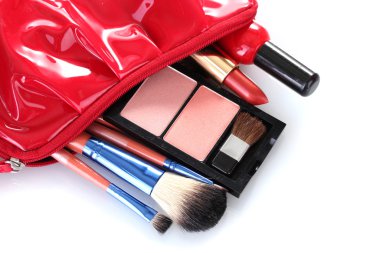 Make up bag with cosmetics and brushes isolated on white clipart