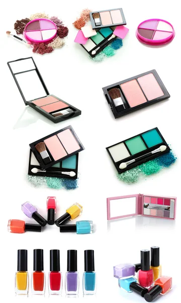 Un collage de algunos productos cosméticos aislados en blanco — Foto de Stock