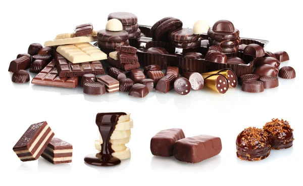 各種のおいしいチョコレートバー、ビスケット、キャンディーを白で隔離されるのコラージュ — ストック写真