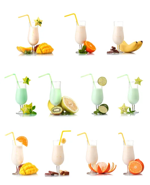 Een collage van milkshakes met vruchten geïsoleerd op wit — Stockfoto