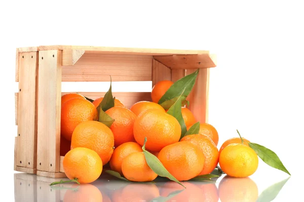 Стиглі смачні мандарини з листям у дерев'яній коробці впали ізольовані на білому — стокове фото