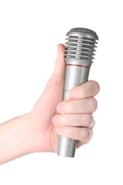 Błyszczący szarego mikrofonu w ręce na białym tle — Zdjęcie stockowe