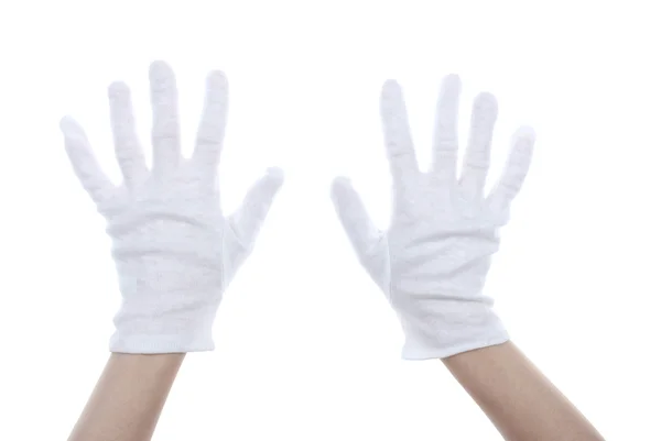 A kezek elszigetelt fehér ruhával kesztyű — Stock Fotó