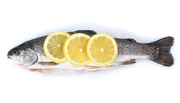 Peixe fresco com limão isolado em branco — Fotografia de Stock