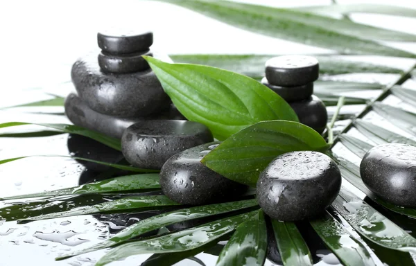 Piedras de spa con gotas en hoja de palma verde sobre fondo gris —  Fotos de Stock