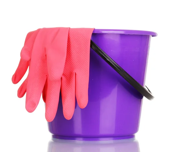 Bucket and gloves for cleaning isolated on white — Stock Photo, Image