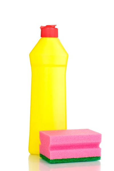 Lavavajillas líquido y esponja aislados en blanco — Foto de Stock