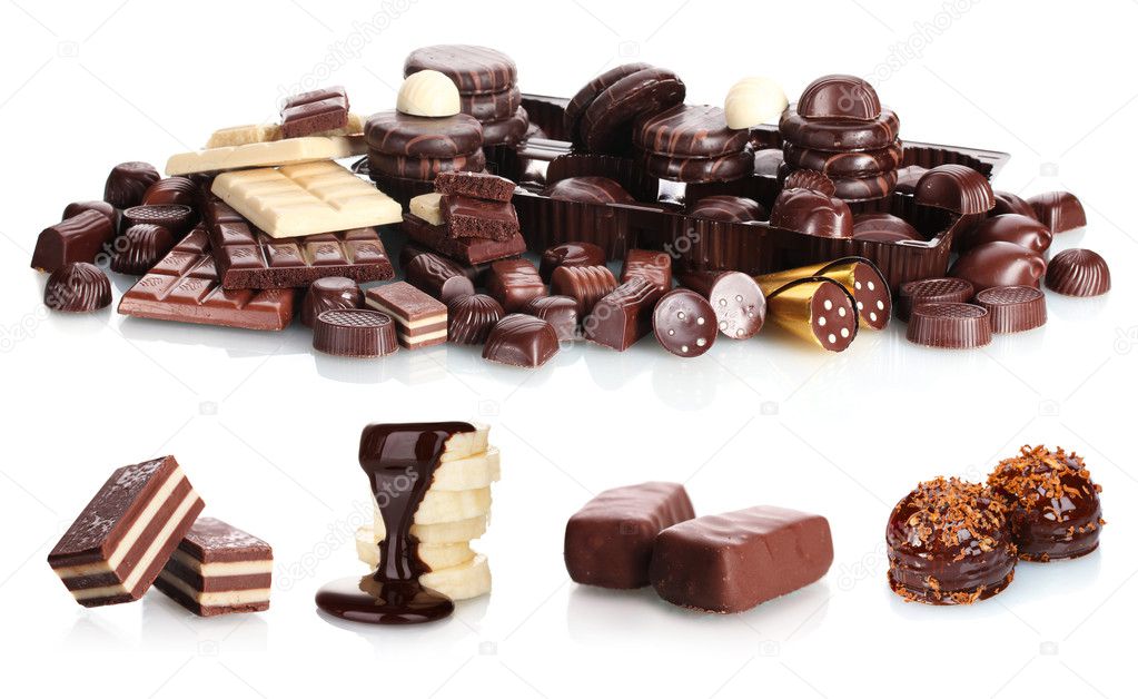 Collage of assorted delicious chocolate bars, biscuits and candy isolated  on white Stock Photo by ©belchonock 10025913