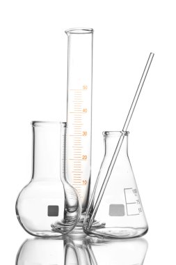 Three empty laboratory glassware with reflection isolated on white clipart