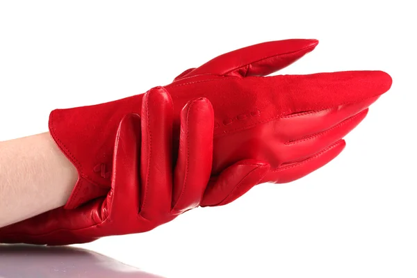 Női kezek piros bőr kesztyű elszigetelt fehér — Stock Fotó