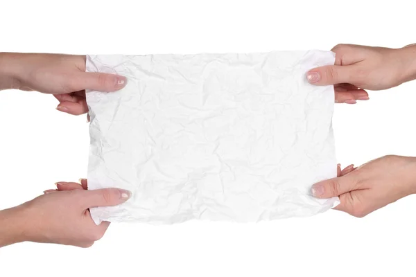Manos y papel aislados sobre blanco — Foto de Stock