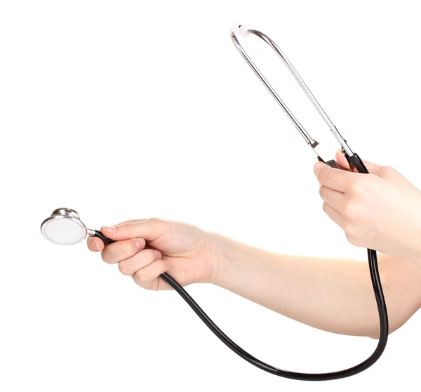 Ręce lekarz stetoskop na białym tle — Zdjęcie stockowe