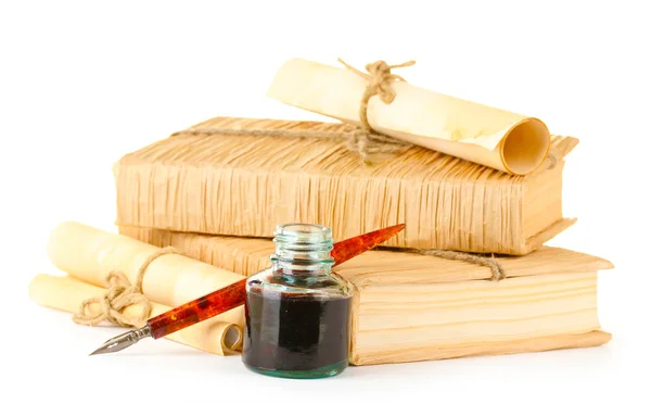 stock image Old books, ink pen and ink bottle isolated on white