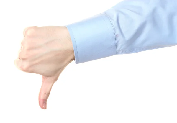Рука людини з великим пальцем вниз ізольовано на білому — стокове фото