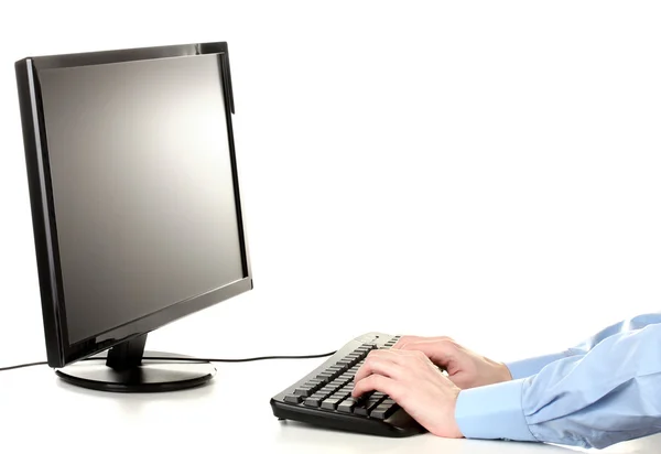 Αρσενικό χέρια δακτυλογράφηση στο πληκτρολόγιο απομονωθεί σε λευκό — Φωτογραφία Αρχείου