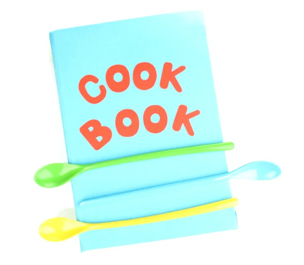 Blue cookbook and kitchenware isolated on white — Stock Photo, Image