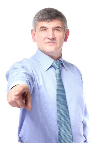 Geschäftsmann im Hemd, der mit dem Finger auf Weiß zeigt — Stockfoto
