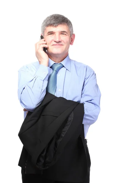 Homme d'affaires au téléphone contre isolé sur blanc — Photo