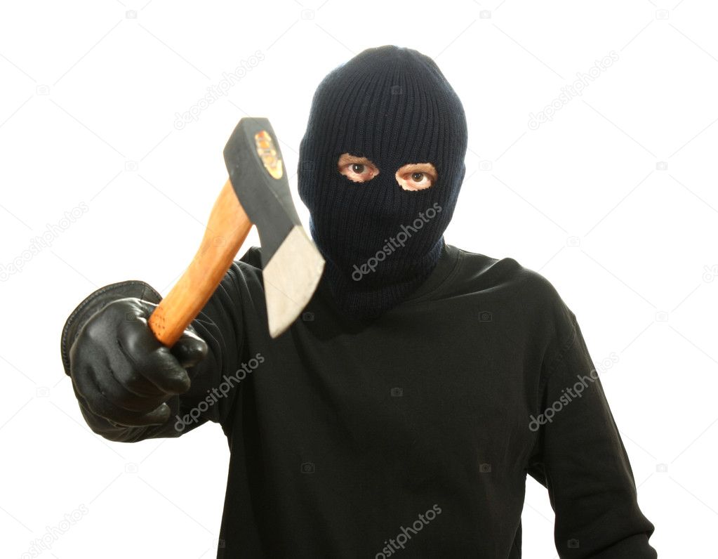Bandit in black mask with hatchet isolated on white
