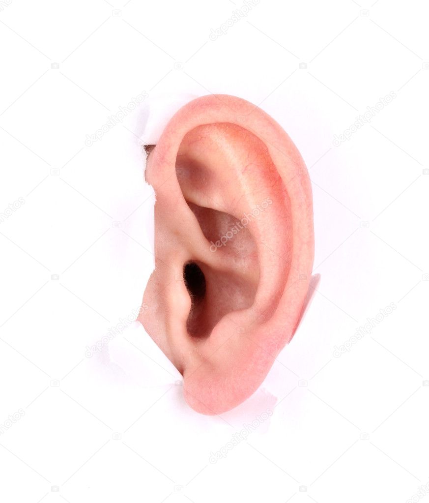 Human ear peeping out from white paper