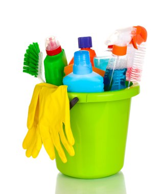 Cleaning items in bucket isolated on white clipart