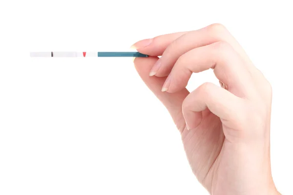 Teste de gravidez na mão isolado em branco — Fotografia de Stock