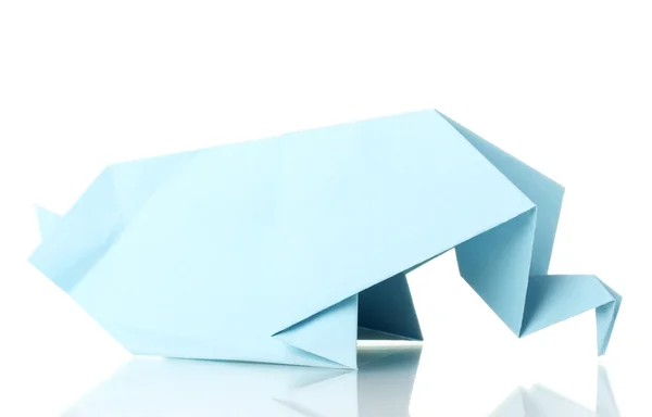 Elefante Origami fora do papel azul isolado em branco — Fotografia de Stock