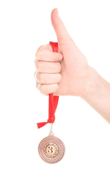 청동 메달을 손에에 고립 된 화이트 — 스톡 사진