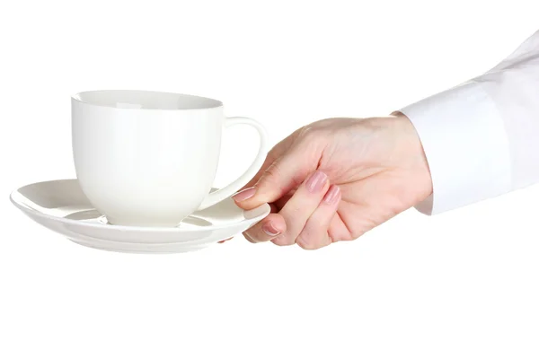 Женщина рука с чашкой кофе изолированы на белом — стоковое фото