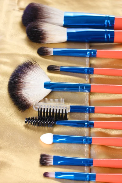 Set med make-up borstar i gyllene läderfodral närbild — Stockfoto