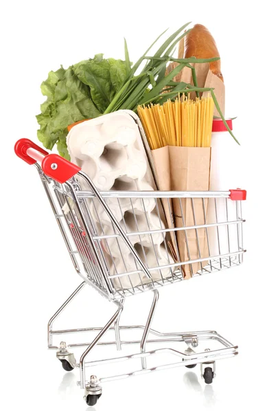 Einkaufswagen mit Lebensmitteln isoliert auf weiß — Stockfoto