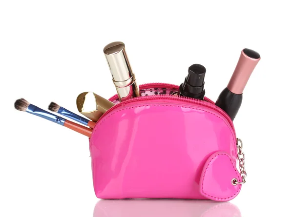 Bolsa de maquillaje con cosméticos y cepillos aislados en blanco —  Fotos de Stock