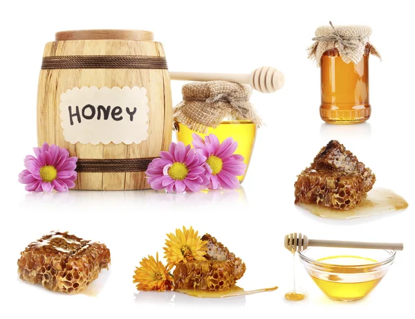 Collage of jars of honey, honeycomb and flowers isolated on white — Stock Photo, Image