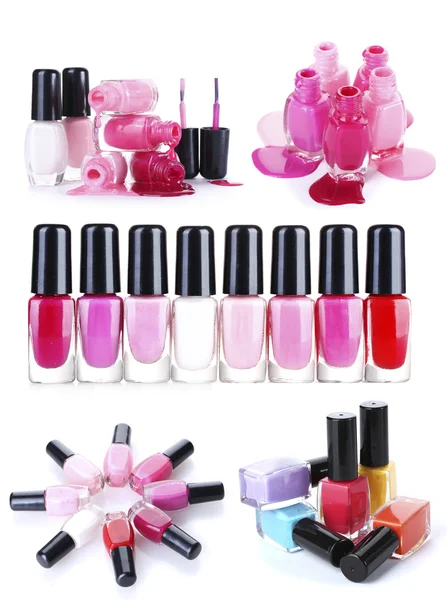 A collage of compositions of nail polish isolated on white — Stock Photo, Image